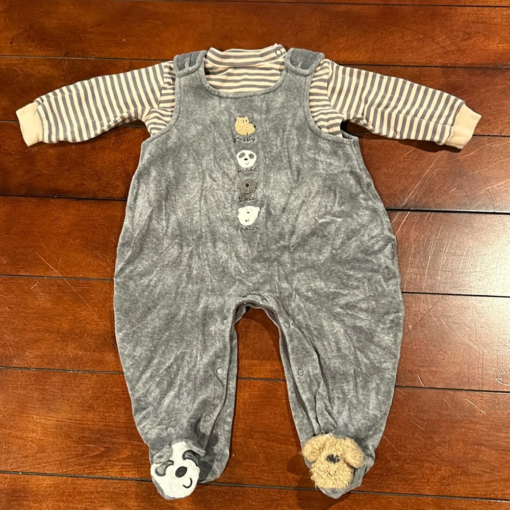 Le Top 2 piece velour coverall striped shirt Grizzly Panda Koala & Panda Bear 9M